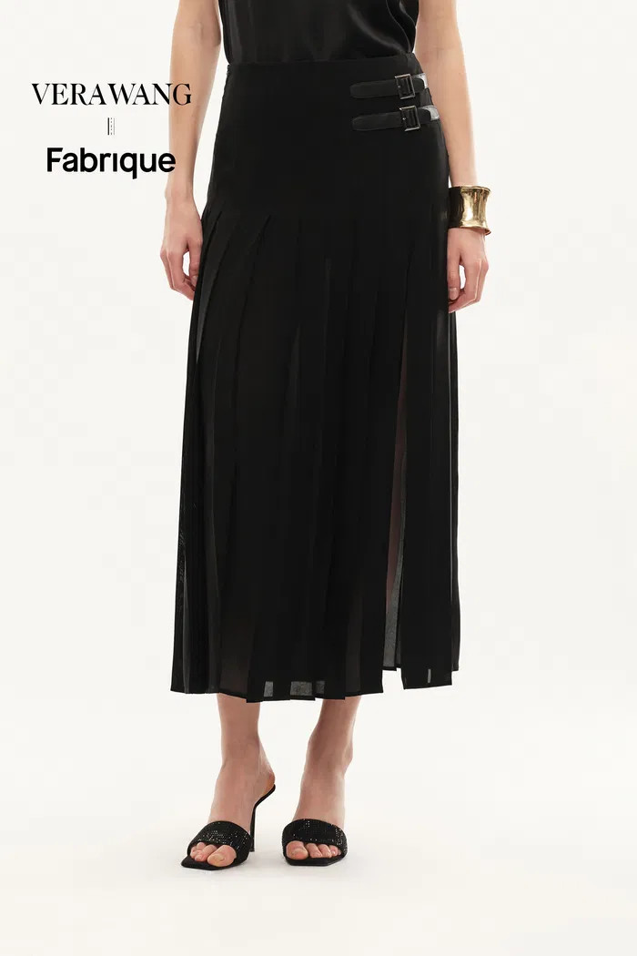 Citadel Leather Tabs Side-Slit Pleated Skirt in Acetate | Fabrique