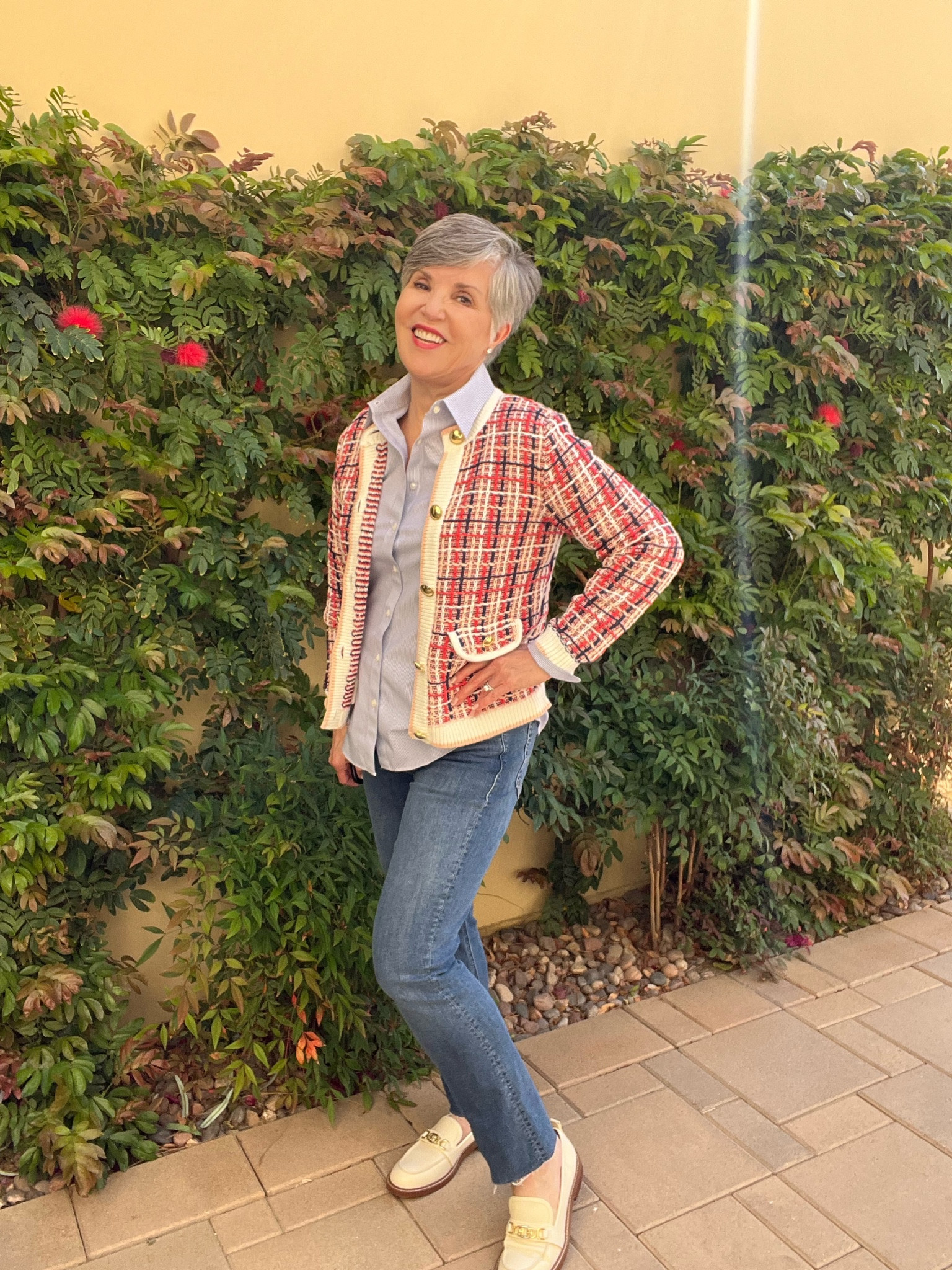 Fun casual Spring jean look! Ann Taylor plaid tweed knit jacket (S)/ Mother Dazzler jeans (29)/Brook Brothers pinstripe shirt/ Sam Edelman Christy loafer (8)/

#LTKsalealert #LTKshoecrush #LTKSeasonal