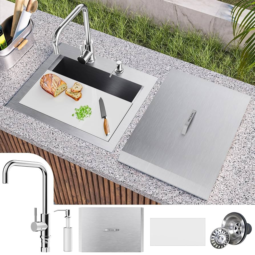 Outdoor Sink, TECASA 21 x 18 Inch Drop-in Workstation Kitchen Sink with Dust Lid and Faucet, T304... | Amazon (US)