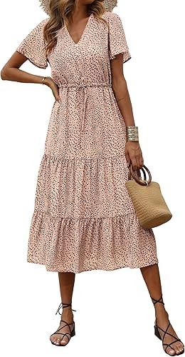 PRETTYGARDEN Women's Floral Boho Dress Casual Short Sleeve V Neck Ruffle Tiered 2024 Summer Swing... | Amazon (US)