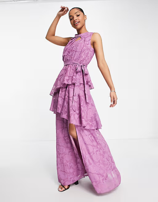 Little Mistress sleeveless ruffle detail maxi dress in lilac floral | ASOS | ASOS (Global)
