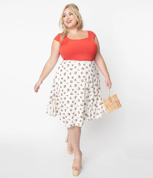 Collectif White & Red Cherry Mattie Broderie Swing Skirt | UniqueVintage