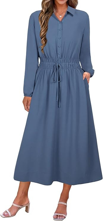 ECOWISH Womens Midi Dress Summer Casual A Line Maxi Shirt Dresses Spring Short Sleeve Button Fron... | Amazon (US)