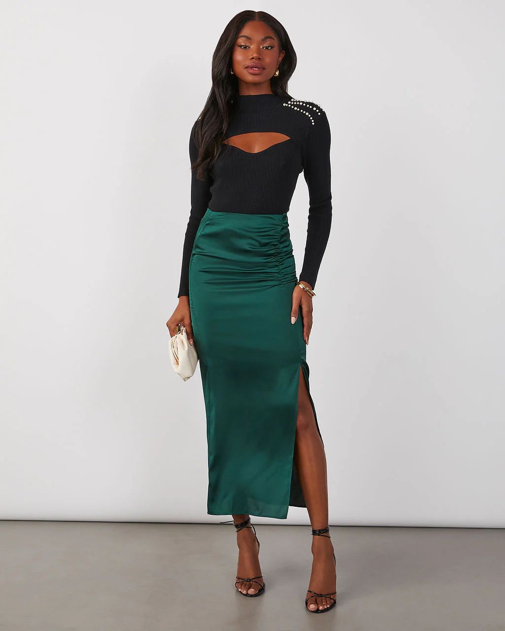 Holiday Dressy Satin Ruched Maxi Skirt | VICI Collection