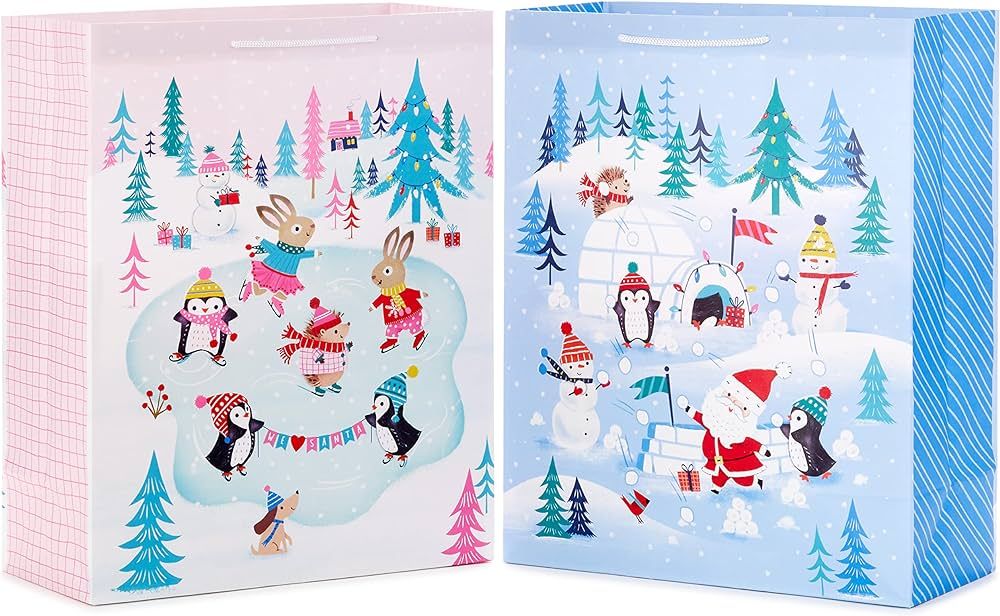 Hallmark 15" Extra Large Christmas Gift Bags (2 Bags: Pink and Blue, Penguins, Hedgehogs, Santa, ... | Amazon (US)
