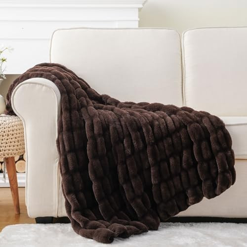 BATTILO HOME Dark Brown Faux Fur Throw Blanket for Couch, Double Side Reversible Ruched Rabbit Fu... | Amazon (US)