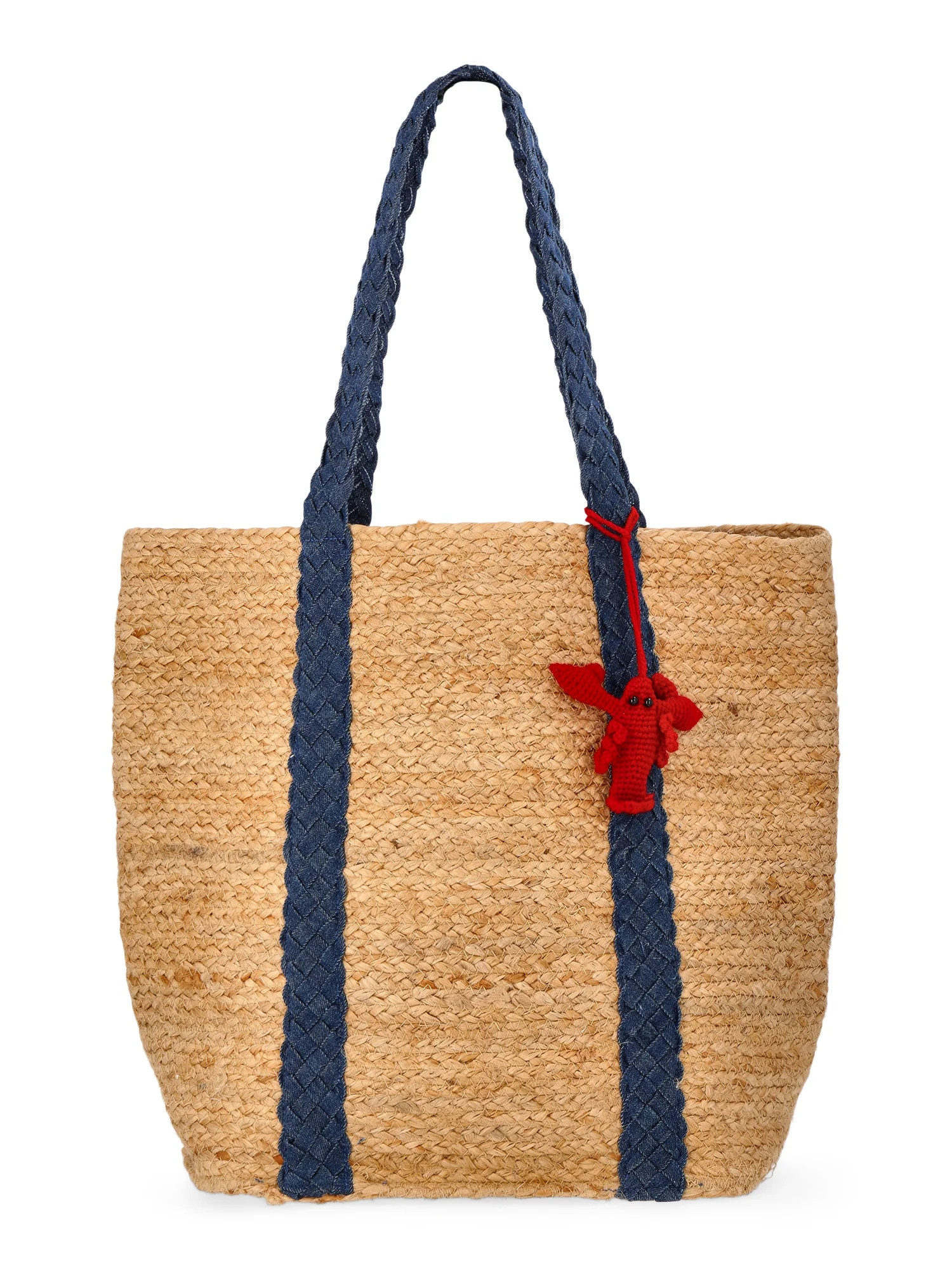No Boundaries Women's Beach Icons Jute Tote Bag, Natural with Blue Denim | Walmart (US)