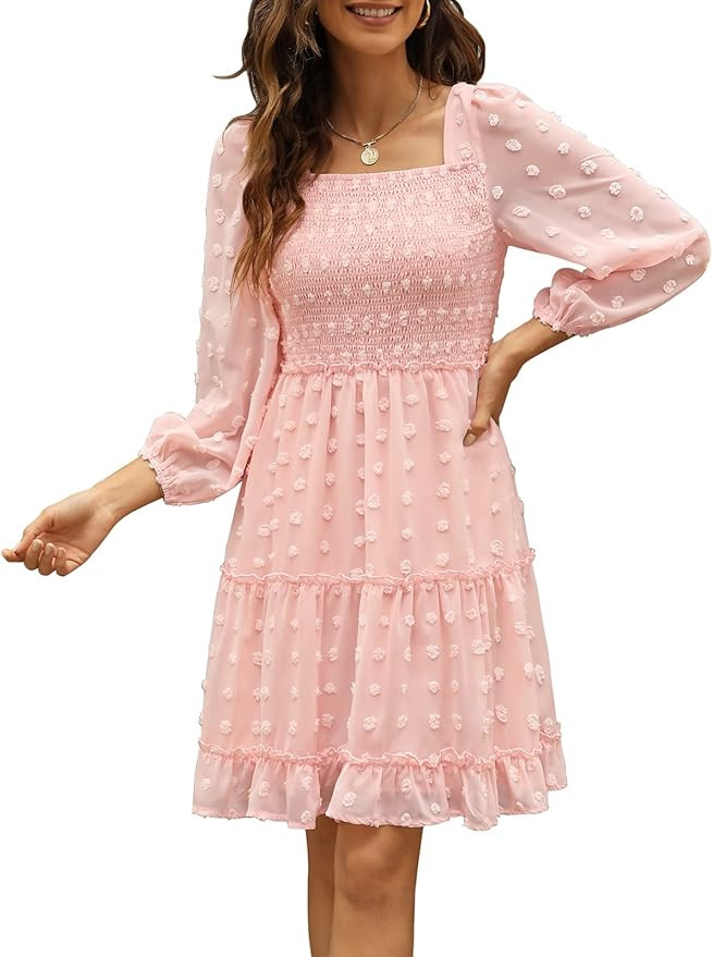 Zattcas Womens Long Lantern Sleeve Swiss Dot Dress Smocked Top Casual Ruffle Mini Dress | Amazon (US)