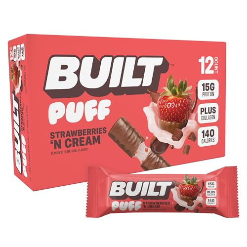 Built Bar, Puff Protein Bars, Strawberries 'N Cream Puff, 15g Protein Snacks, On-The-Go Bars, Only 140 Calories, 8g Sugar, Collagen, Gluten Free, 12 Count | Amazon (US)
