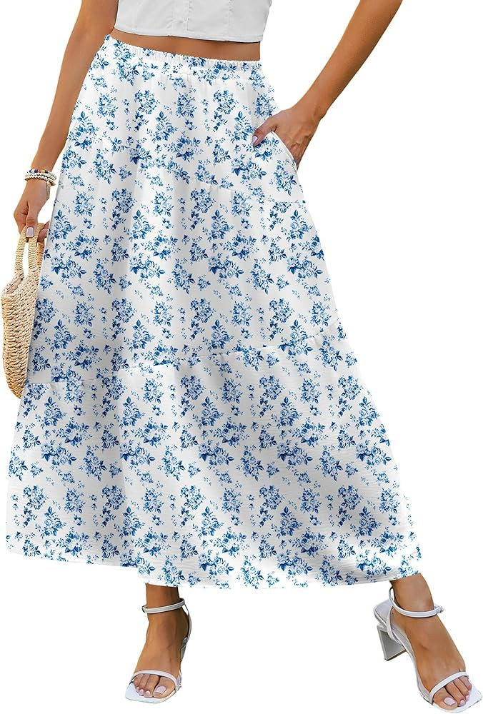 Zeagoo Women's Midi Summer Boho Flowy Swing A-Line Skirts 2025 Casual Elastic Waist Asymmetric Ti... | Amazon (US)