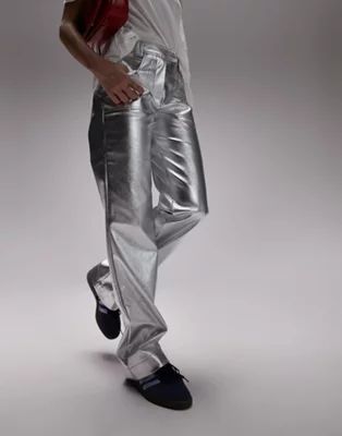 Topshop faux leather tab waist straight leg metallic trouser in silver | ASOS (Global)