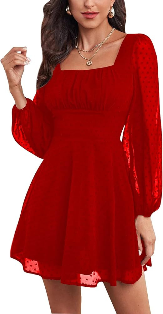 LYANER Women's Polka Dots Square Neck A line Long Sleeve Swiss Dots Mini Dress | Amazon (US)