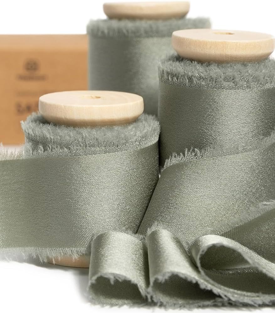 Vitalizart Silk Satin Ribbon 1 Inch x 15 Yard Wooden Spool Dusty Green Handmade Frayed Ribbon for... | Amazon (US)