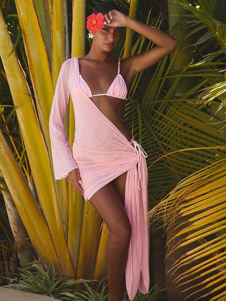 New Arrival Spring/Summer Casual Elegant Sexy Pink Solid Color Beach Holiday Date Party 3-Piece B... | SHEIN