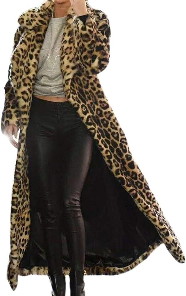 RKSTN Women's Fashion Leopard Overcoat Winter Tall Faux Fur Coats Long Ankles Jacket Open Front C... | Amazon (US)