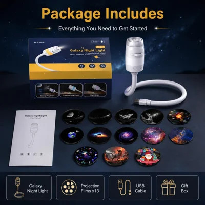 Galaxy Star Night Light Projector, 2-in-1 USB Multicolor LED Night Light, with 13 Projector Films, Portable 360° Adustable Brightness Control for Kids | Wayfair North America