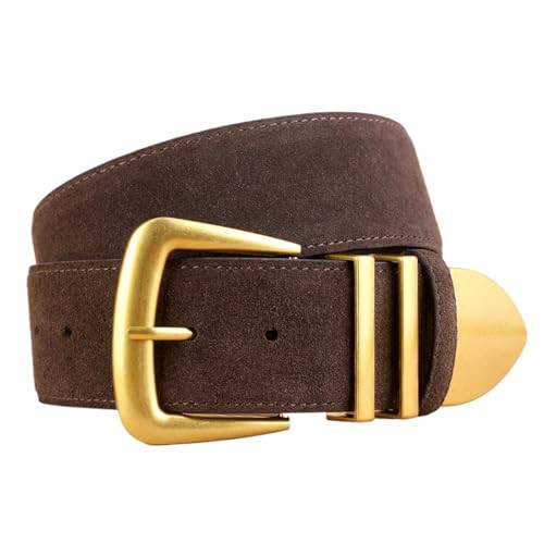 Brown,100CM/39.4'',Genuine Leather Wide Belts for Women with Gold Buckle, Trendy Elegant Brown Suede Belt Women for Jeans Dress Pants Coat, Fashion Accessories | Amazon (UK)