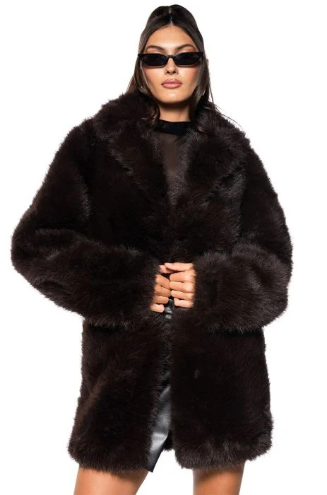MOLLY FAUX FUR EVENING COAT in brown | AKIRA