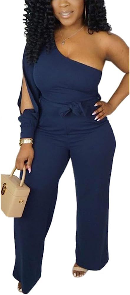 Women's Sexy One Shoulder Slit Sleeve High Waist One Piece Pant Outfit Wide Leg Jumpsuit Romper | Amazon (US)