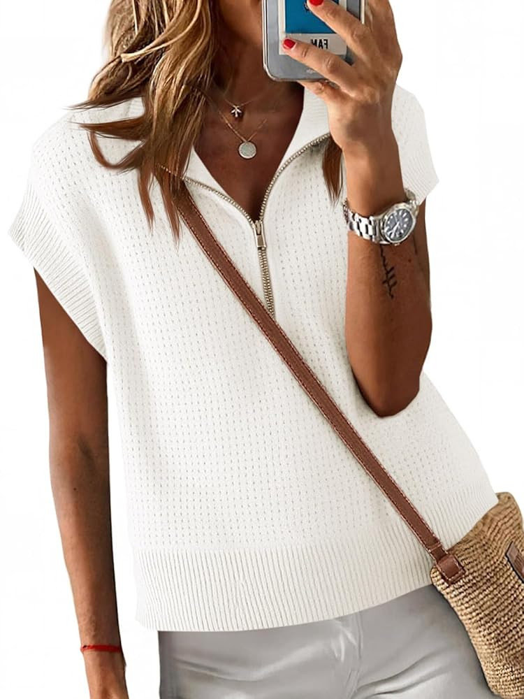 Langwyqu Womens Short Sleeve Cropped Knit Tops Half Zip Cap Sleeve Lightweight Oversized Sweater ... | Amazon (US)