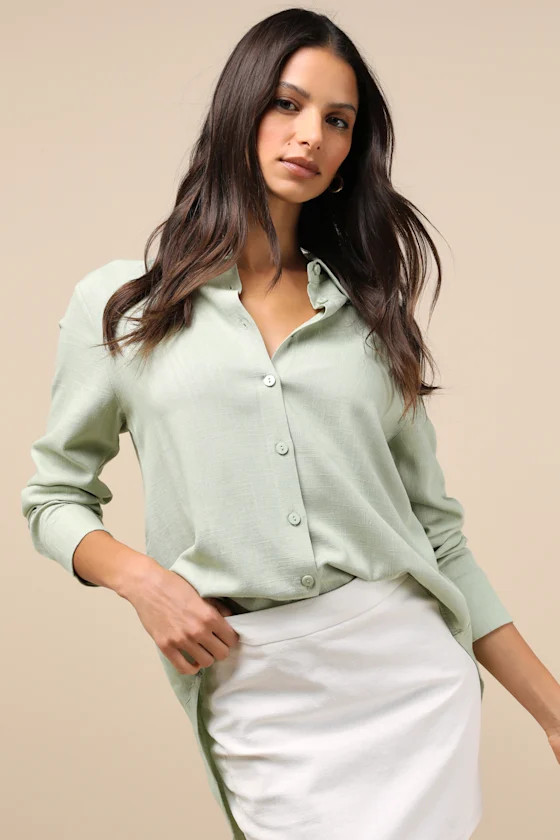 Notable Aesthetic Sage Green Linen Collared Button-Up Top | Lulus
