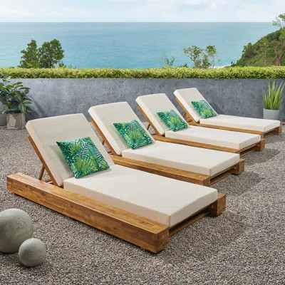 Leite 79" Long Reclining Outdoor Acacia Chaise Lounge Set with Cushions | Wayfair North America