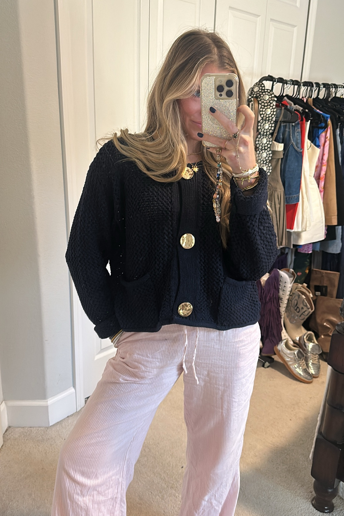 Amazon Yimoon Womens Cropped Cardigan Sweaters Gold Button Down Chunky Knit Sweaters Long Sleeve Open Front Fall Crochet Cardigan. City beach pink pinstripe Luca pants. Electric picks use code SLOANE20. 

#LTKSeasonal #LTKFindsUnder50 #LTKStyleTip