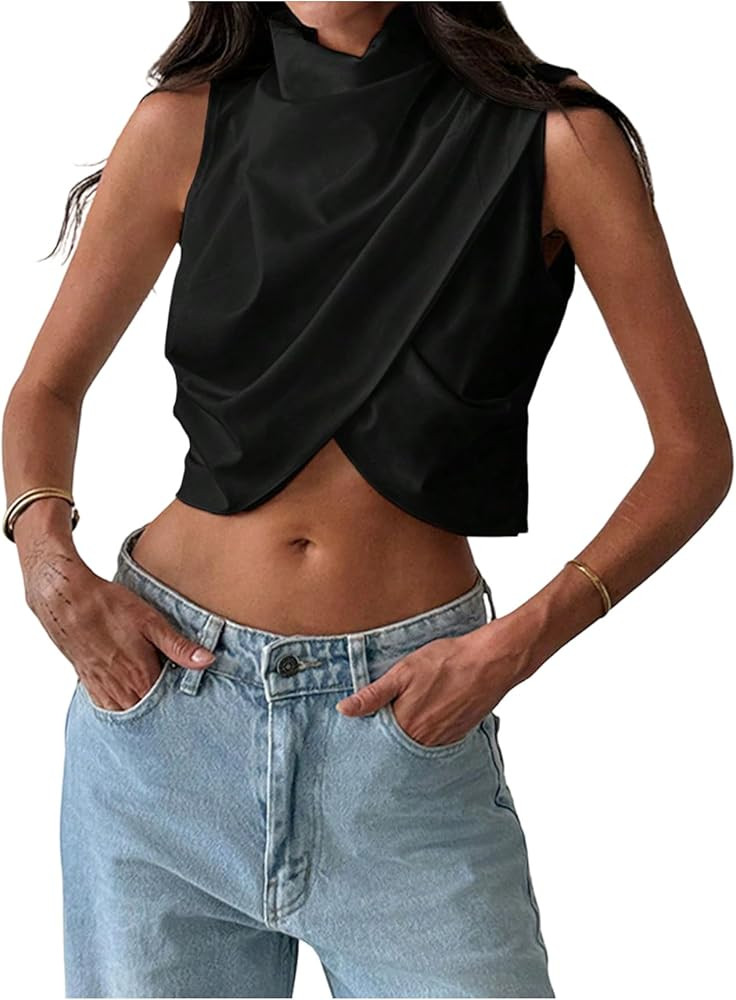 Verdusa Women's Asymmetrical Hem Mock Neck Cropped Shirts Y2k Wrap Sleeveless Fitted Blouse | Amazon (US)