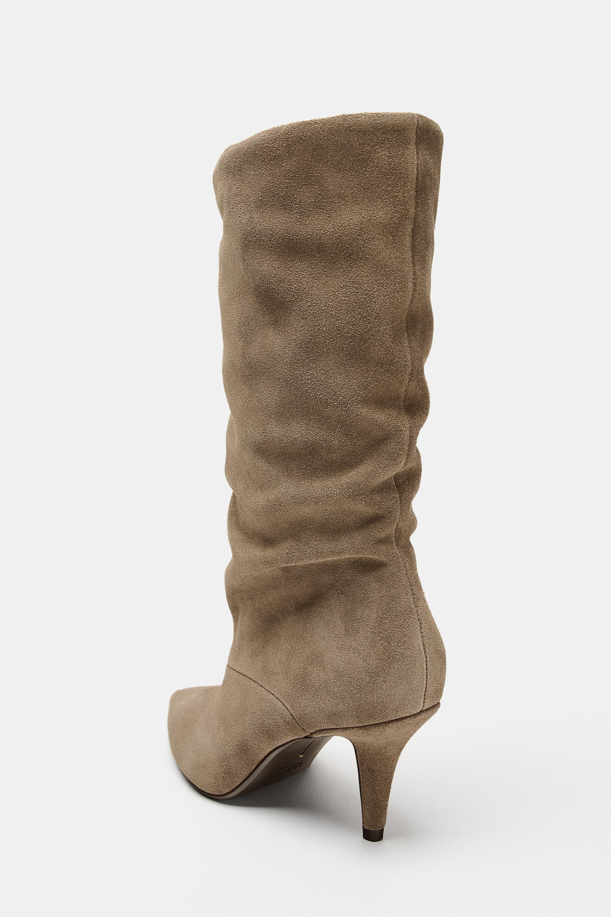 Split suede heeled boots. Gathered leg detail. Thin mid-heel. Pointed toe.Heel height: 7 cm / 2.7... | Zara UK