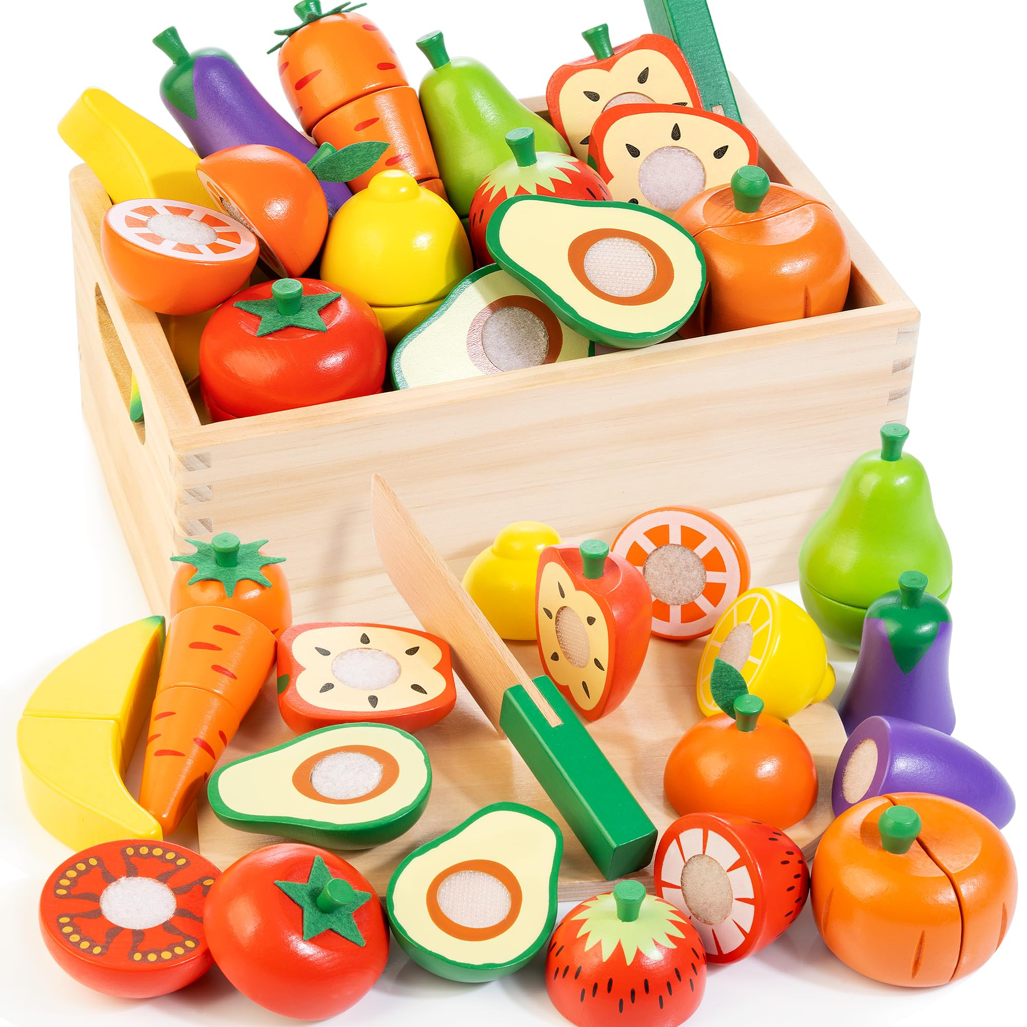 Wooden Play Food for Toddlers, Fruit and Veggies Cutting Set for Kids, Pretend Food Play Kitchen ... | Amazon (US)