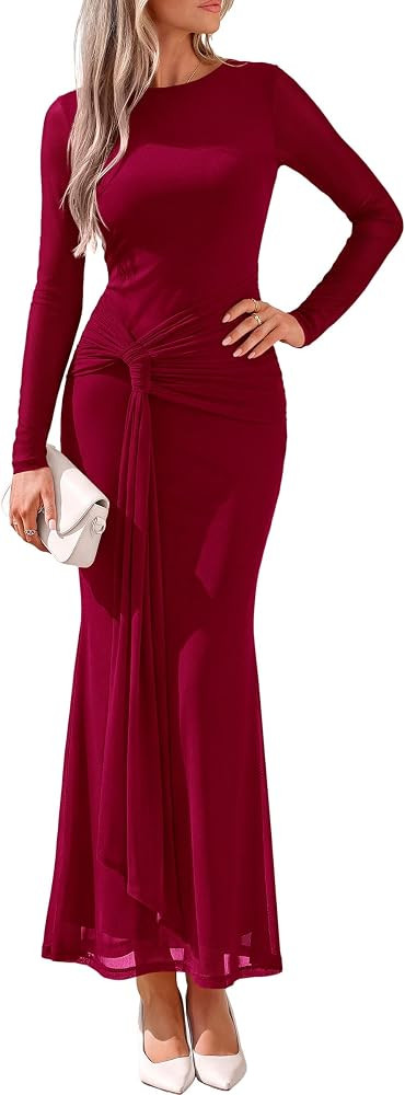 PRETTYGARDEN Womens Fall Long Sleeve Bodycon Tie Waist Mesh Maxi Dresses | Amazon (US)