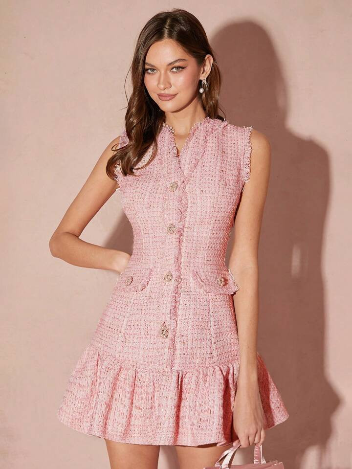 Enchnt Romantisches Damen Prinzessinnen-Tweed-Kleid in Rosa mit V-Ausschnitt, Rüschensaum und ä... | SHEIN