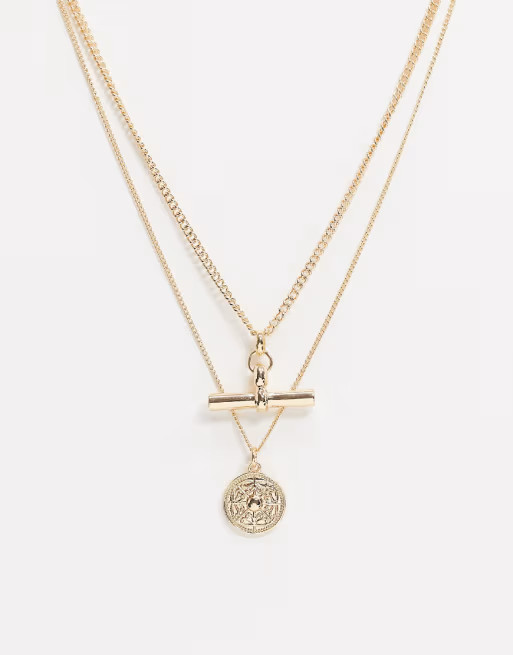 ASOS DESIGN pack of 2 necklaces with t bar and coin pendant in gold tone | ASOS US
