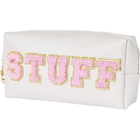 besharppin Preppy Makeup Bag, Synthetic Leather Patch Cosmetic Bag with STUFF Chenille Letter for... | Amazon (US)