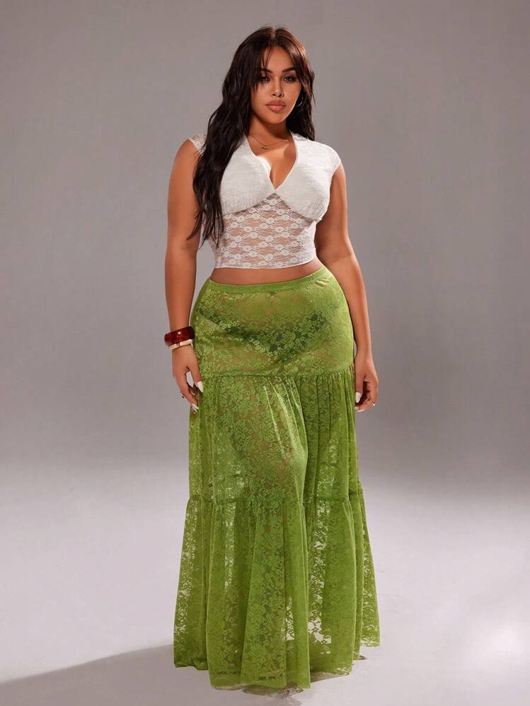 Rustia Plus Size Sheer Lace Casual Skirt For Women Fall Cloth For Women | SHEIN