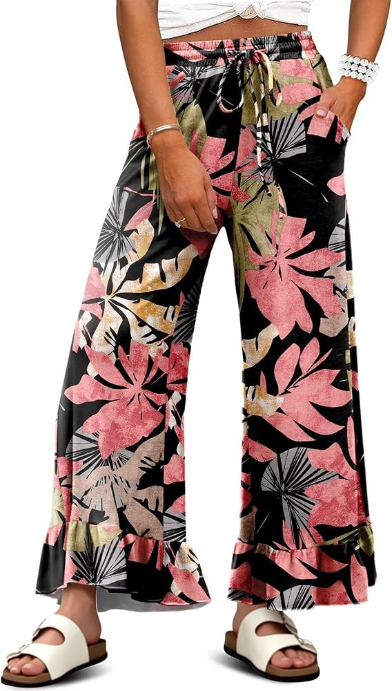 KISSMODA Womens Palazzo Lounge Pants Drawstring Elastic High Waisted Ruffle Hem Wide Leg Pants wi... | Amazon (US)