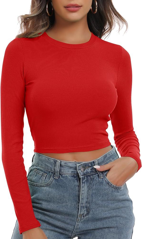 Artfish Women's Round Neck Long Sleeve Knit Ribbed Fitted Crop Top Casual Basic Shirts | Amazon (US)