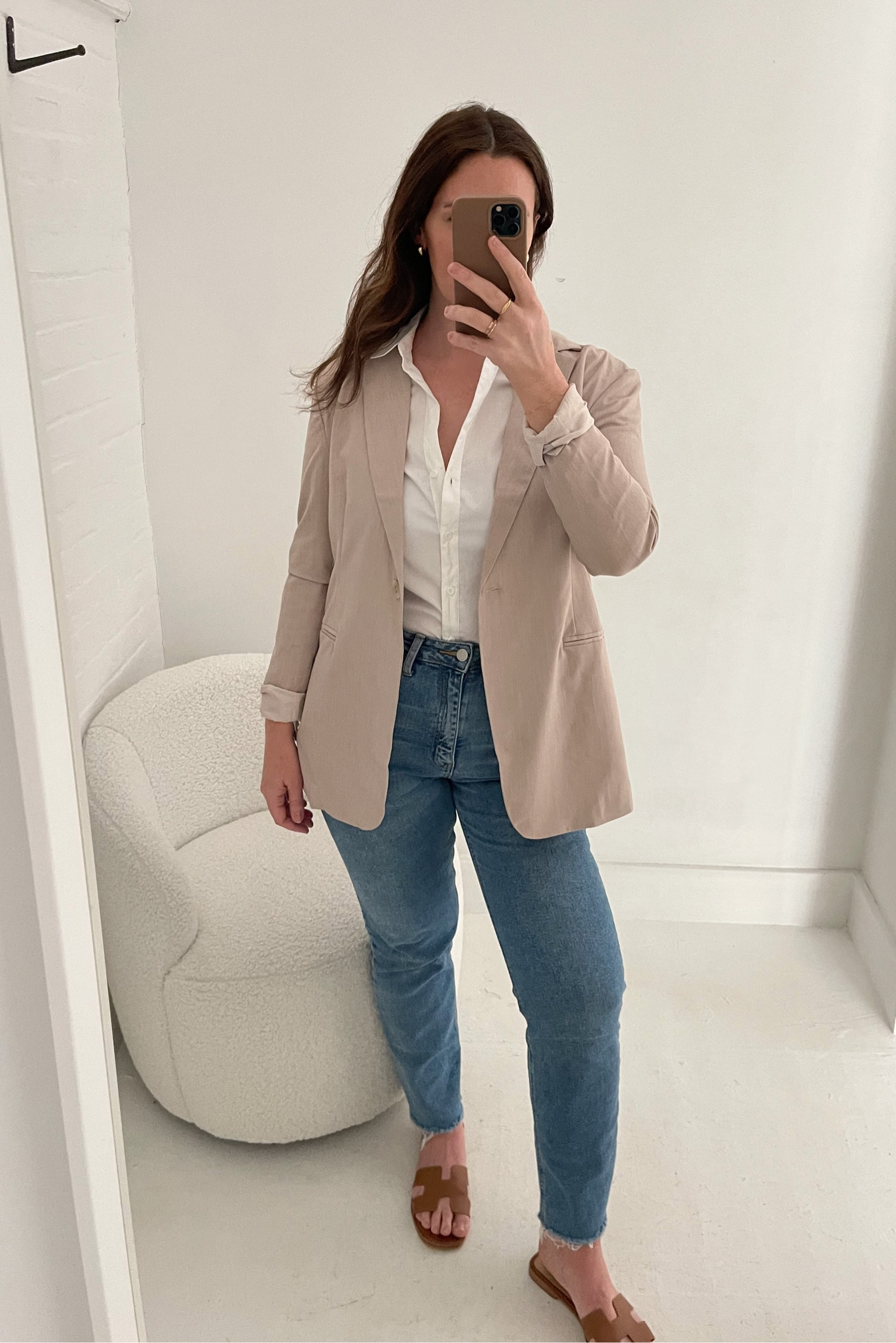 Smart casual spring outfit #beigeblazer #capsulewardrobe #hermesdupe #hermessandals

All pieces are from www.shopdescendant.com - similar tagged
