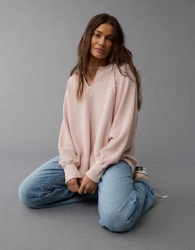 AE Big Hug Notch Neck Waffle Sweatshirt | American Eagle Outfitters (US & CA)