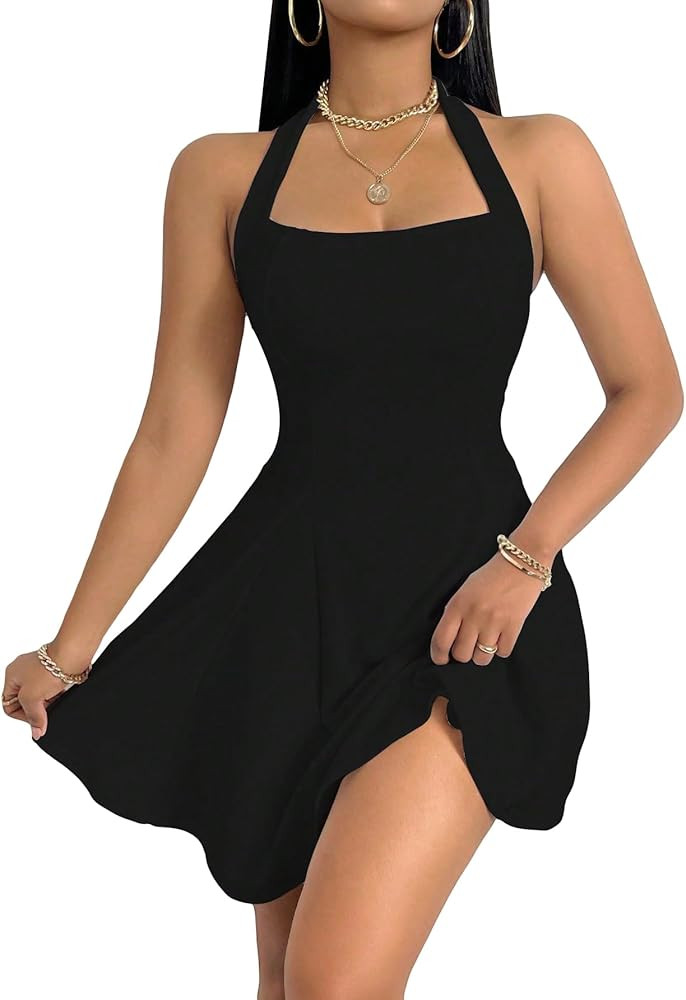 Milumia Women's Backless Flare Halter Short Dress Sleeveless A Line Mini Dresses | Amazon (US)