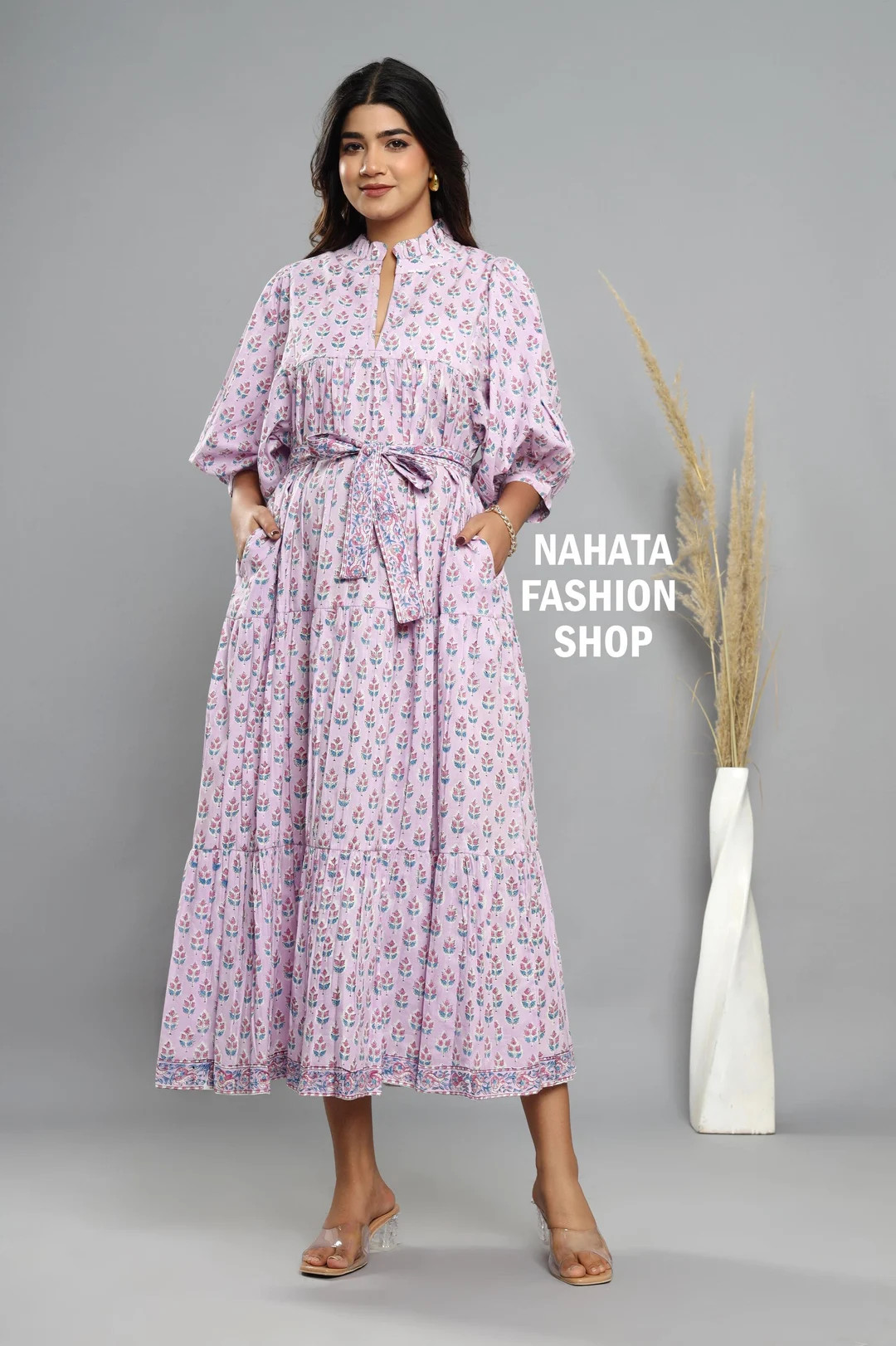 Purple Tulip Hand Block Printed Women's Cotton Maxi Dress - Frill Collar Dress With Belt - Etsy | Etsy (Global)