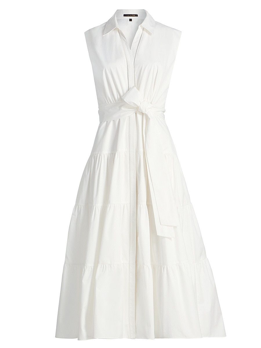 Women's Bea Cotton-Poplin Tiered Self-Belt Midi-Dress - White - Size Medium | Saks Fifth Avenue