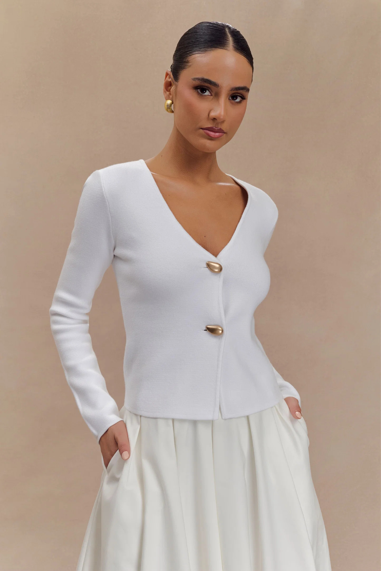 Veda Wide Sleeve Knit Cardigan - White | MESHKI US