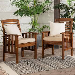 2-Piece Dark Brown Acacia Wood Outdoor Lounge Chair with Beige Cushions | The Home Depot