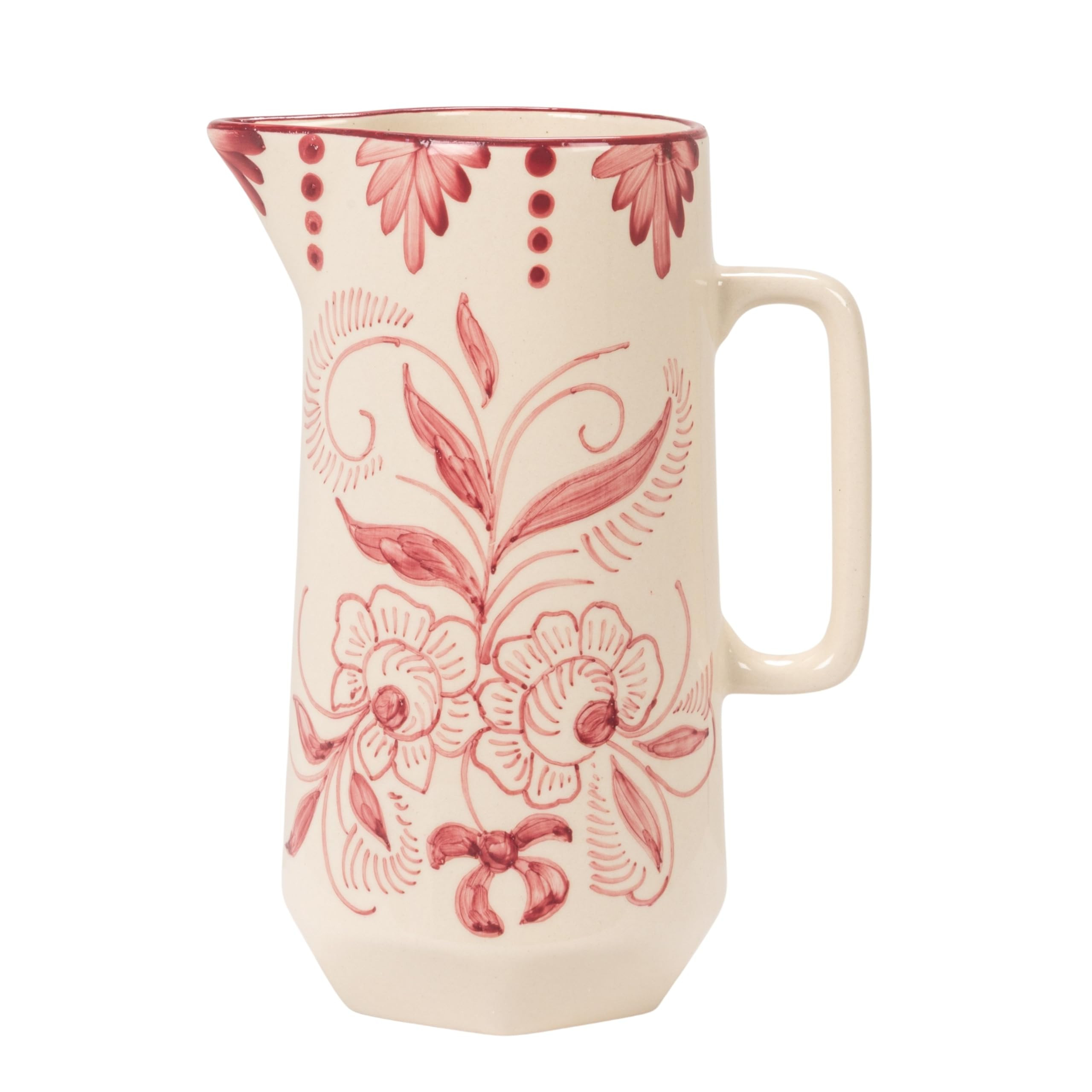 Creative Co-Op 60 oz Hand-Painted Stoneware Pitcher w/Botanical Design, Pink & White | Amazon (US)