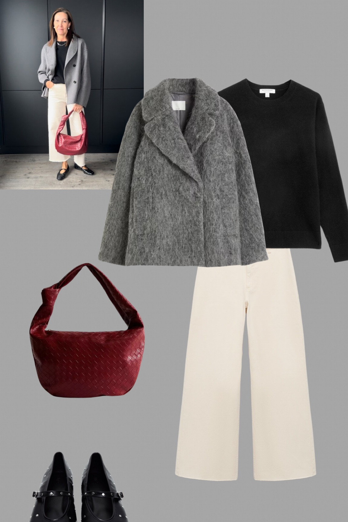 Update the accessories for an easy day to evening look.
Woven bag and studded flats give this a seasonal lift. Keep the rest neutral for maximum impact.

#LTKuk #LTKautumn #LTKover50style