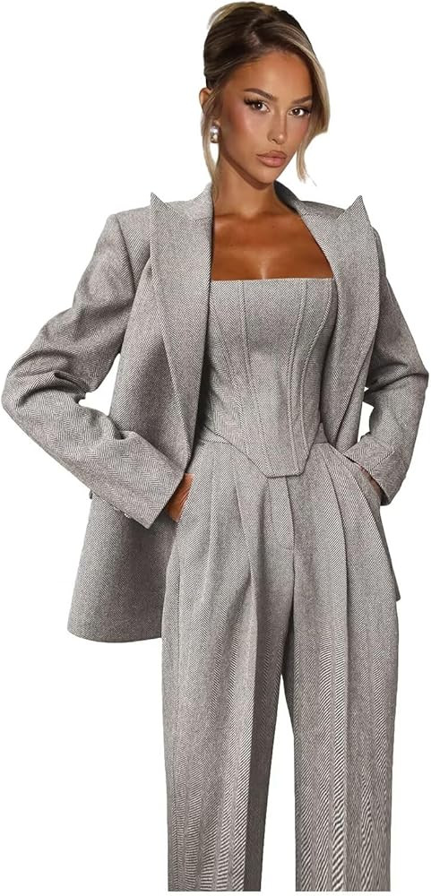 LEWIJO Tweed Suits for Women Business Casual 3 Piece Double Breasted Pant Suits for Women Herring... | Amazon (US)