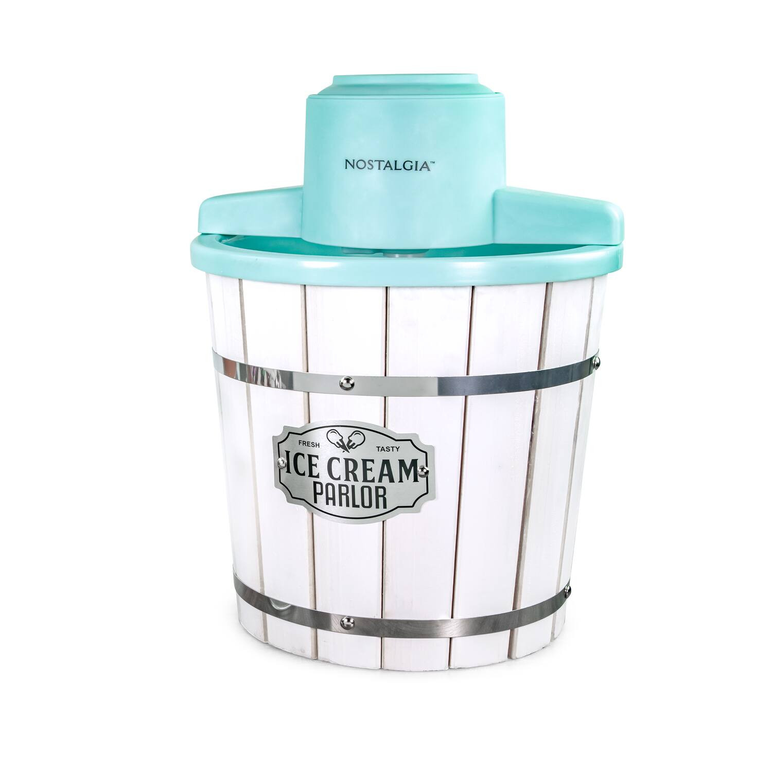 Nostalgia - 4-qt. Parlor Wood Bucket Electric Ice Cream Maker - White & Aqua | Best Buy U.S.