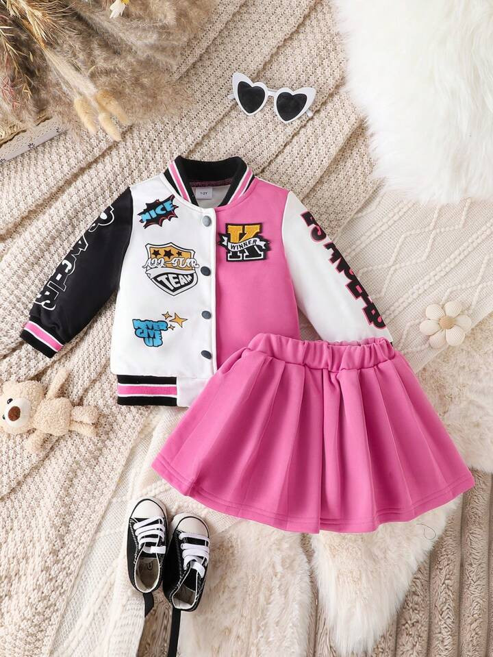 2pcs Girls' Colorblock Racer Graphic Bomber Jacket & Solid Color Skirt Set, Fall/Winter | SHEIN U... | SHEIN