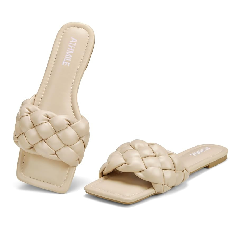 ATHMILE Braided Womens Sandals Square Open Toe Fashion Slide Sandals Women Dressy Summer Flat Bea... | Amazon (US)